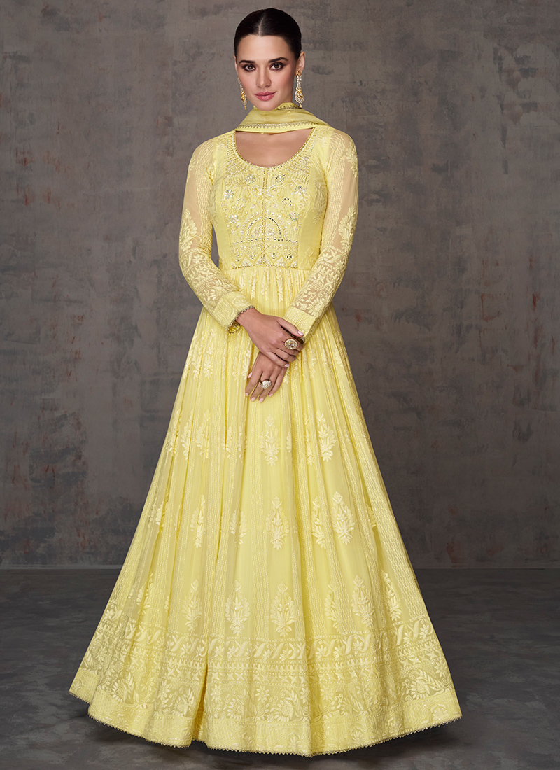 ATTRACTIVE LONG GOWN FULL SLEEVES BOTTOM AND DUPATTA EMBROIDERY WORK SEMI  STITCHED – Ethnicgarment
