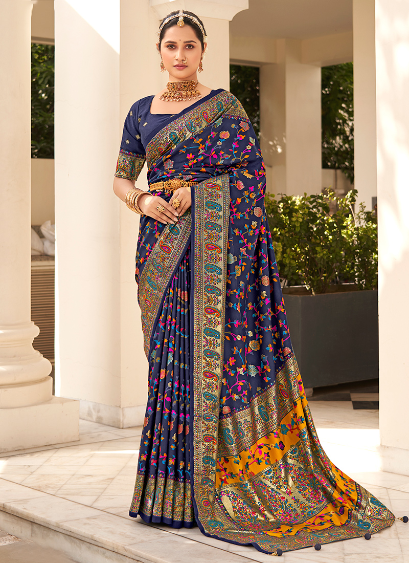 Blue Tussar Silk Printed Saree & Blouse Latest 4647SR05