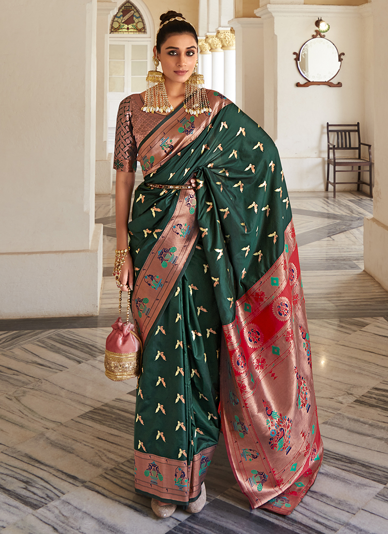 Forest Green Banarasi Silk Saree | Raw silk saree, Silk sarees, Raw silk  fabric