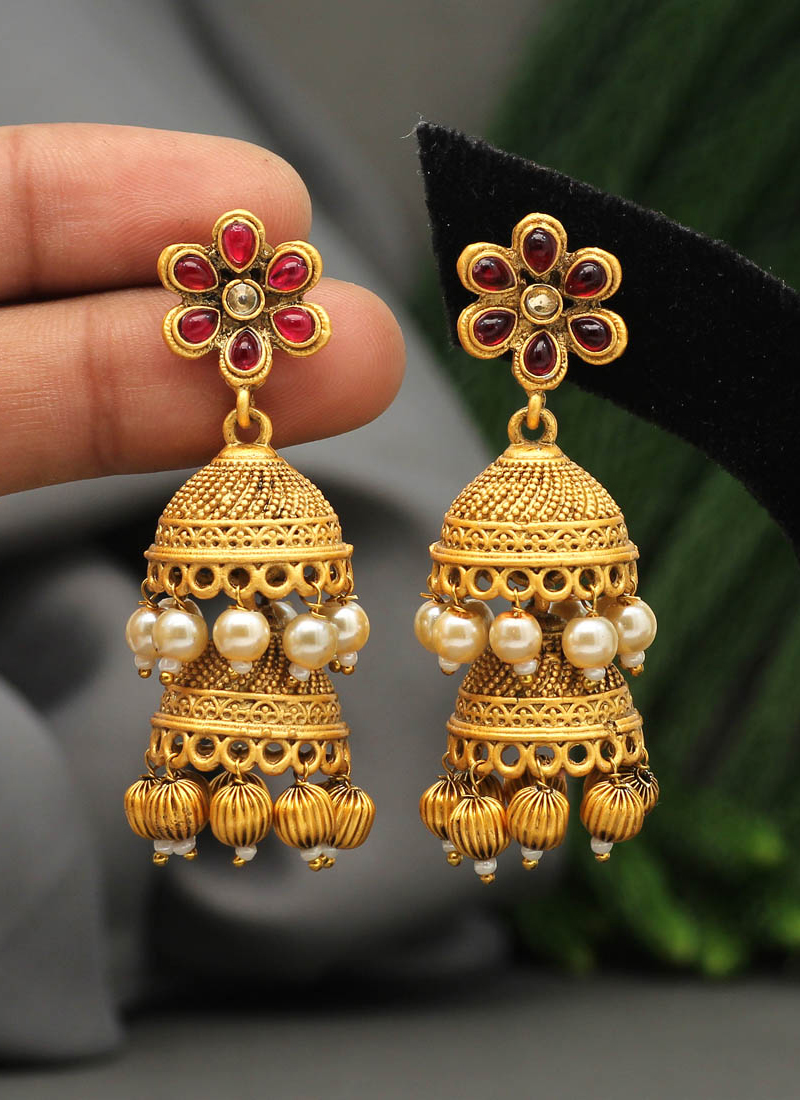 Matte Gold Ruby Emerald Peacock Earrings – SaiSuji Collections