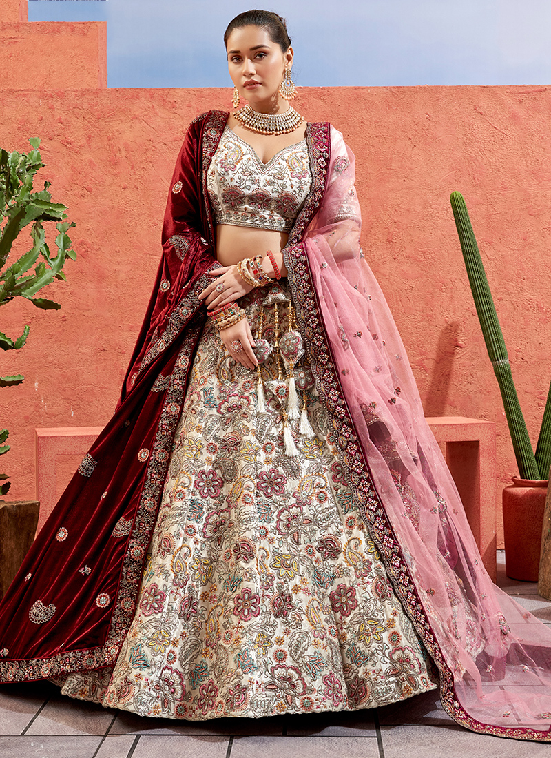 Pink Handwork Velvet Bridal Lehenga Choli