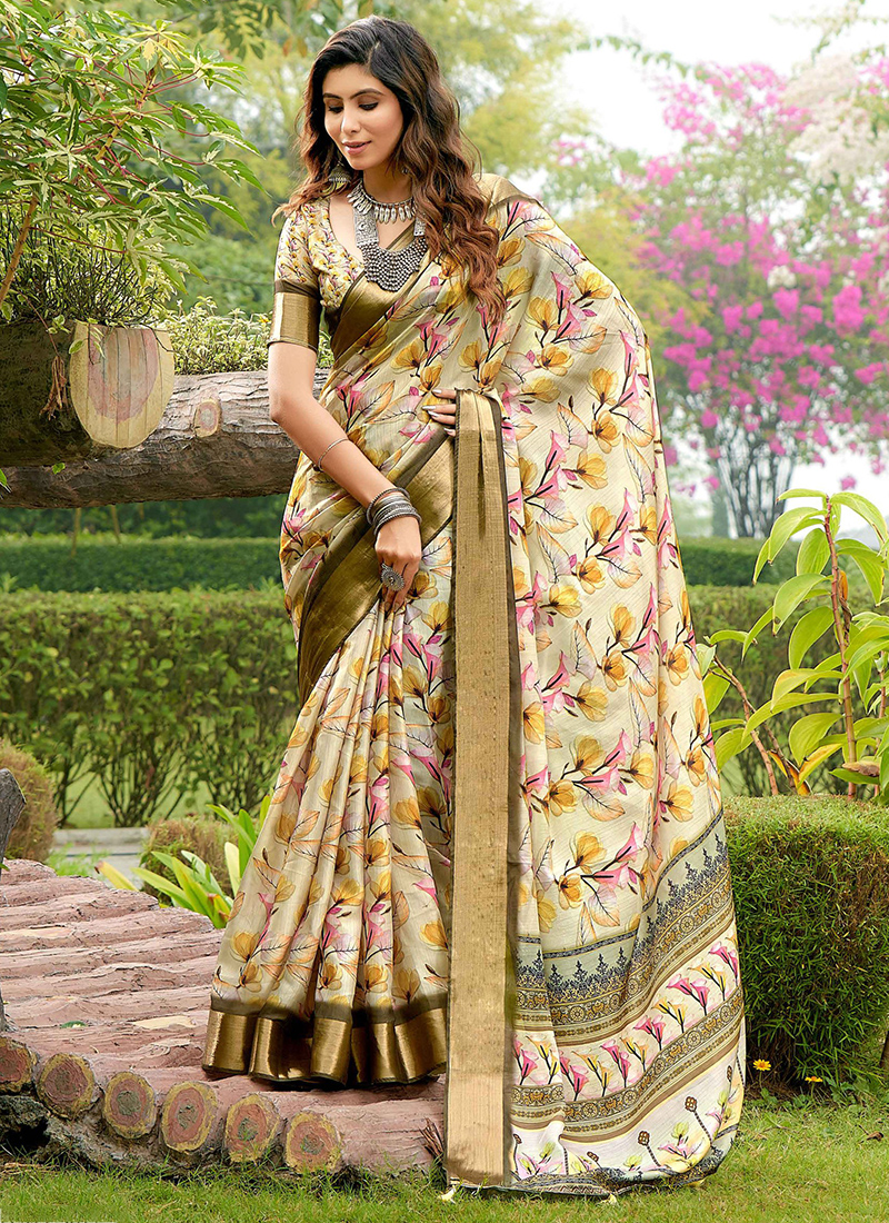 Buy Traditional Wear Beige Digital Printed Ghicha Silk Saree Online From  Surat Wholesale Shop.