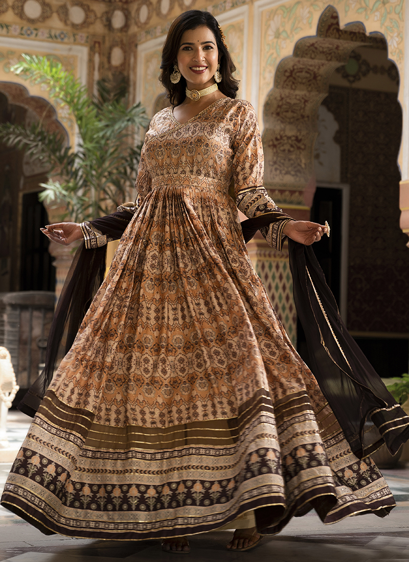 Buy Party Wear Beige Digital Printed Dola Silk Gown With Dupatta Online  From Surat Wholesale Shop.