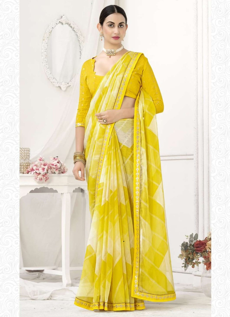 Buy Casual Wear Yellow Printed Pure Chiffon Saree Online From Surat  Wholesale Shop.