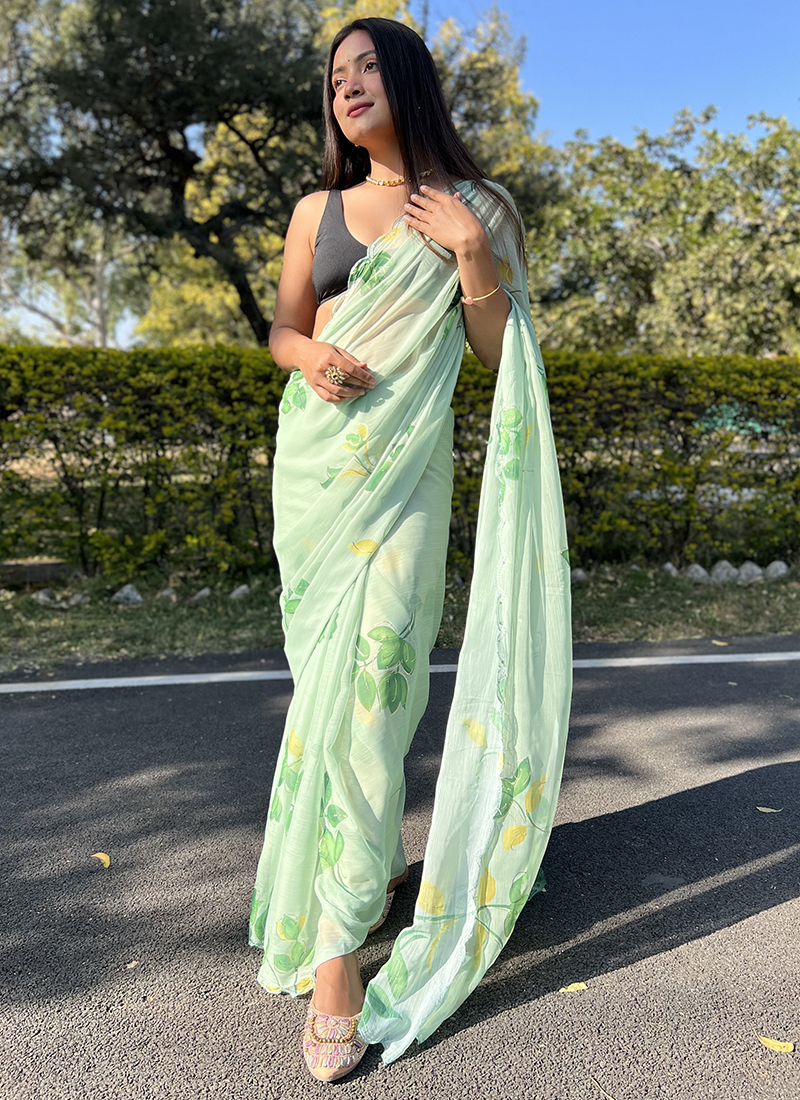 Floral Print Sky Blue Chiffon Saree | MAHIMA-21001 | Cilory.com