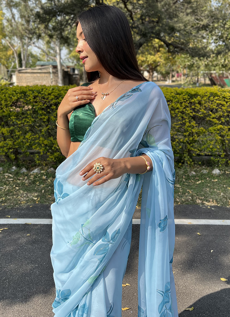 Sky blue and white handloom & hand dyed leheriya saree with gold sequi