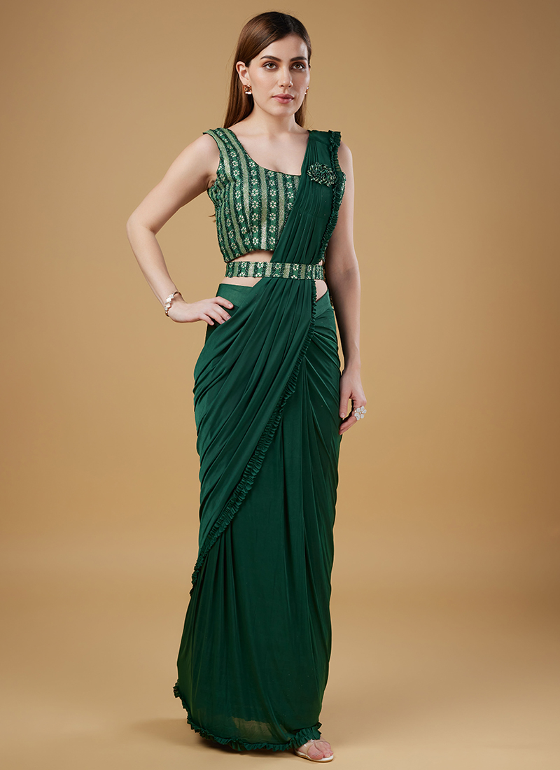 ASH GREY PRE STITCHED DRAPED SAREE GOWN WITH A HAND EMBROIDERED BODICE AND  A SHOULDER BROACH DETAIL WITH SELF AND SILVER EMBELLISHMENTS. - Seasons  India