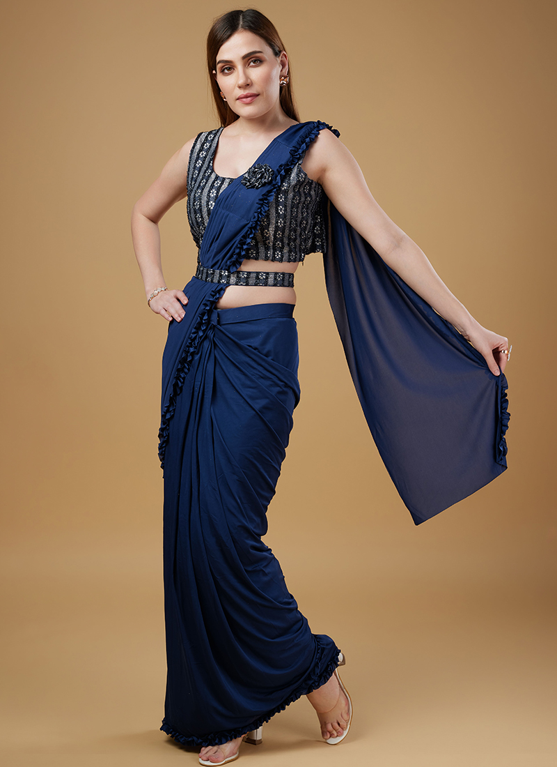 Buy Stylish Georgette Navy Blue Printed Ready to Wear Stitched Saree For  Women Online In India At Discounted Prices