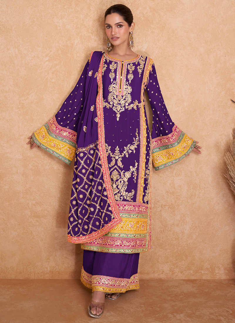 Red Foil Work Chinnon Silk Palazzo Style Suit