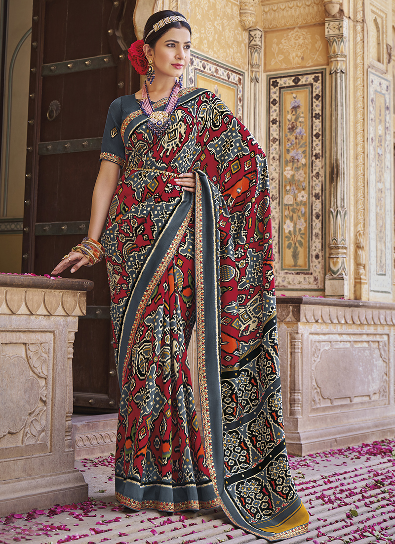 Buy Wedding Wear Grey Red Lace work Patola Silk Saree Online