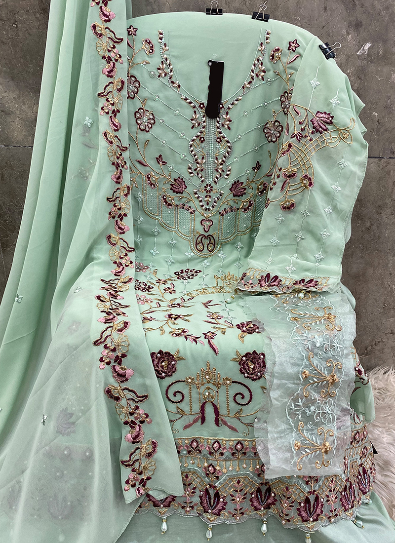 Buy Eid Wear Pista Green Embroidery Work Faux Georgette Pakistani Suit  Online From Surat Wholesale Shop.