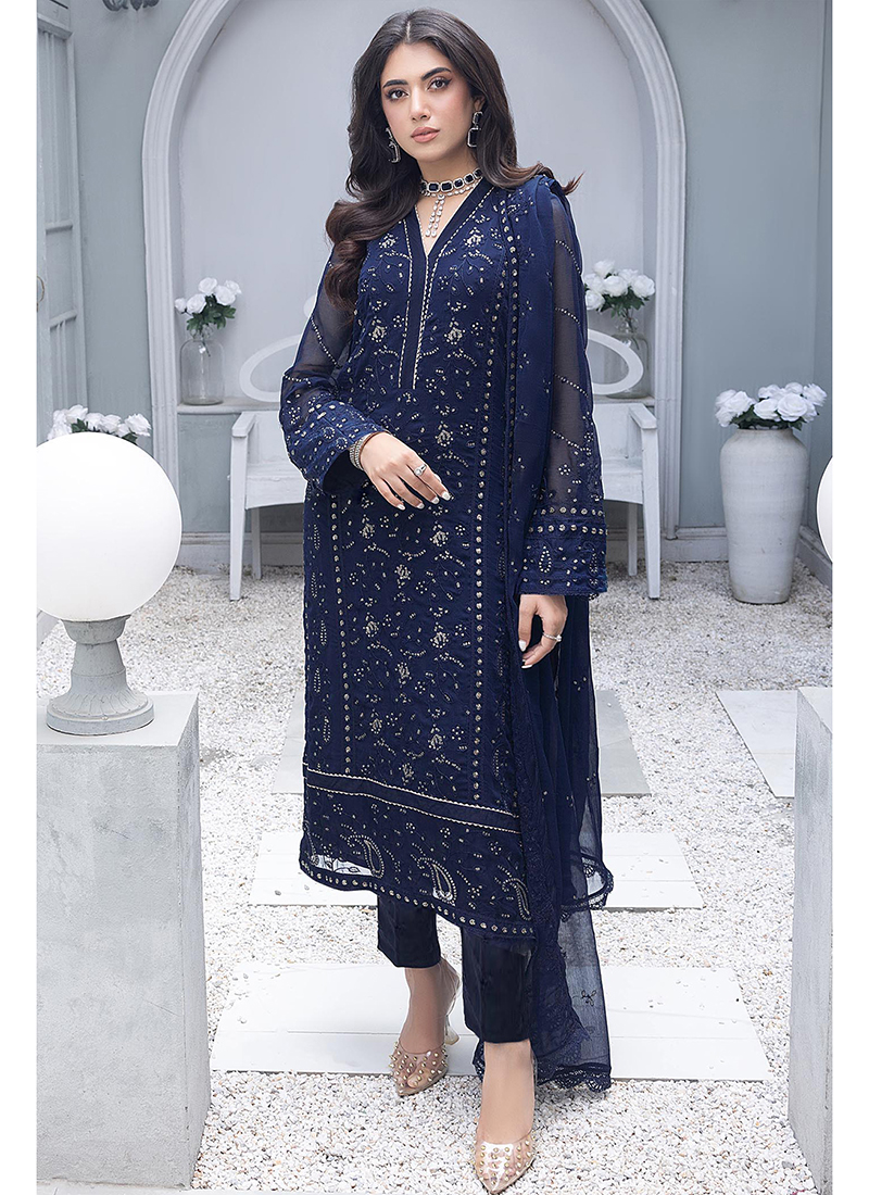 Buy Eid Wear Navy Blue Embroidery Work Faux Georgette Pakistani Suit Online  From Surat Wholesale Shop.