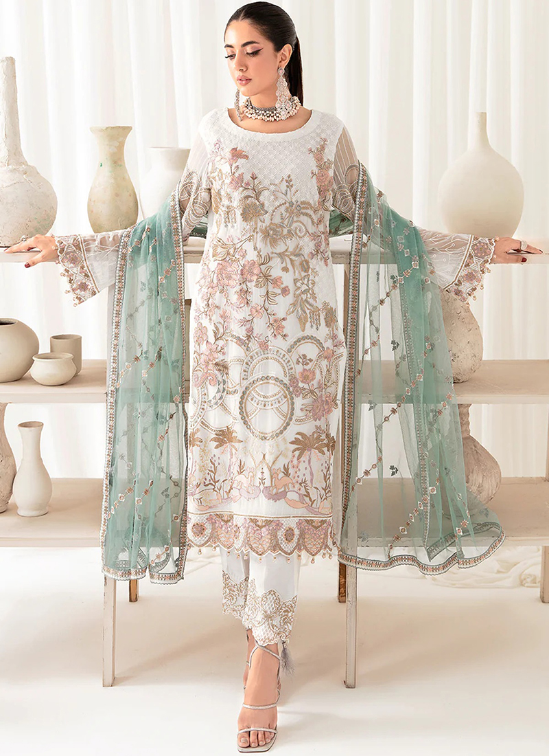 Buy Eid Wear White Embroidery Work Faux Georgette Pakistani Suit Online  From Surat Wholesale Shop.
