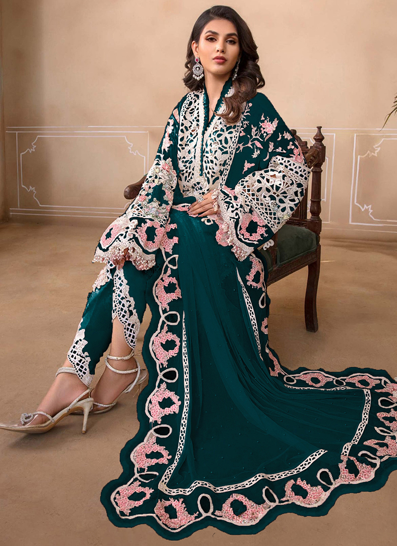 Pakistani Eid Special Party/Ethnic wear Vishnavi Net Salwar Suit With Koti  (Sky blue) – Anarkalion