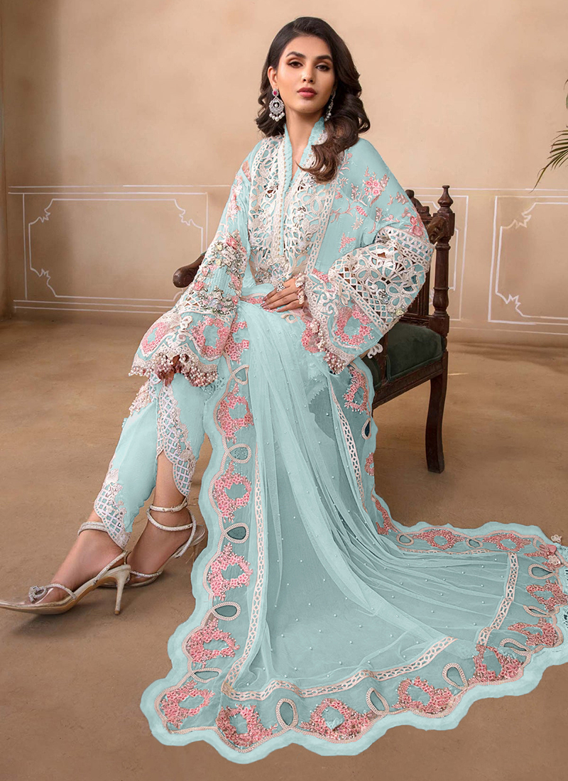 blue pakistani dress Blue Embroidered Premium Chiffon