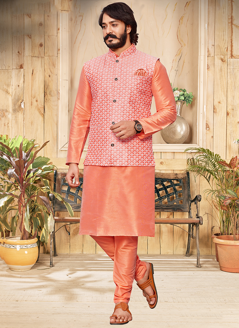 Golden Kurta Pajama With Printed Nehru Jacket 746MW01