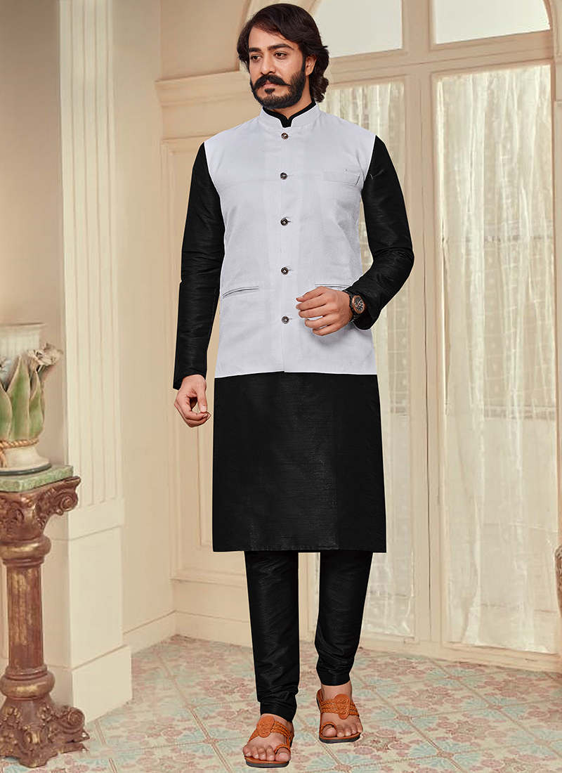 Fancy White Color Art Silk Fabric Function Wear Readymade Kurta Pyjama For  Men With Modi Jacket Set