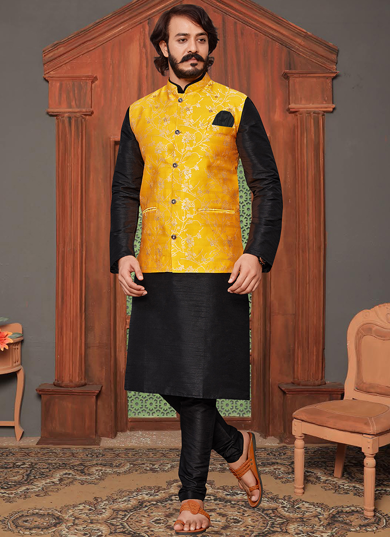 Buy Khadi Cotton Textured Kurta Pajama with Nehru Jacket - Yellow  (KDB-959665)