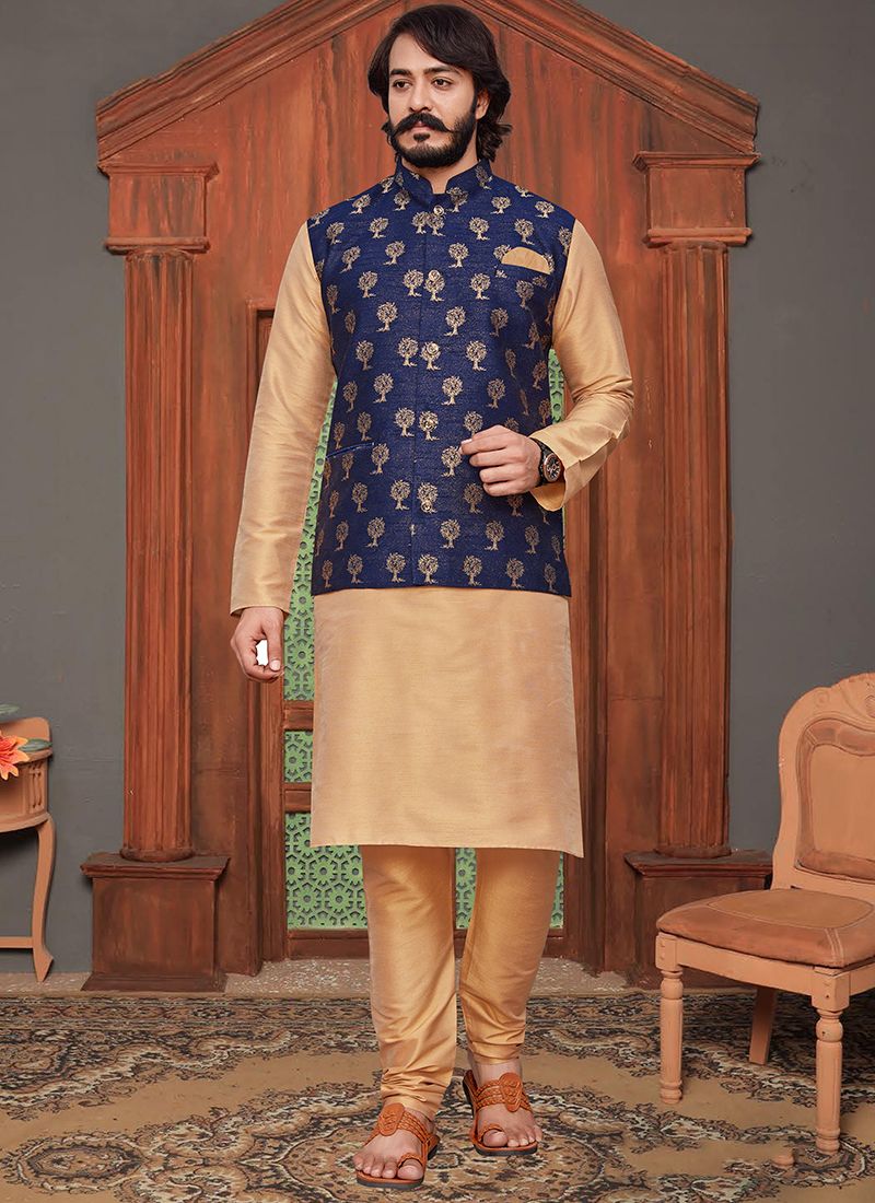 Buy Festival Wear Blue Embroidery Work Fancy Silk Modi Jacket Kurta Pajama  Online From Surat Wholesale Shop.