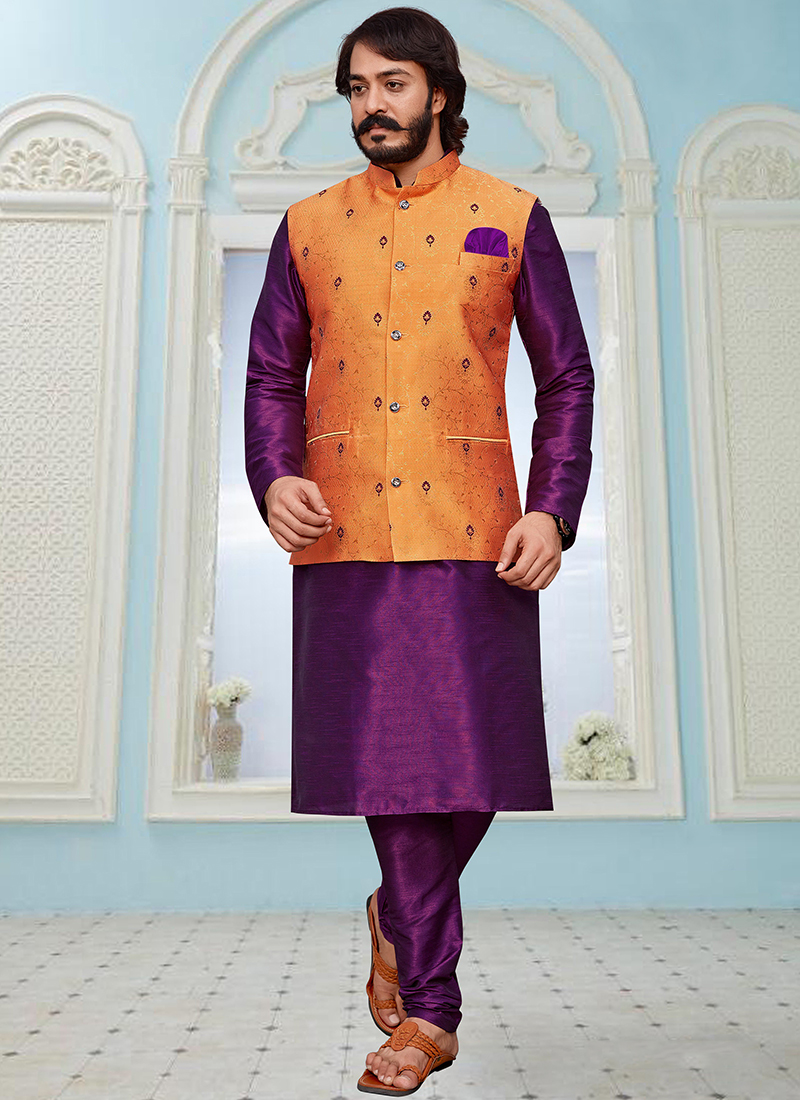 Orange Pure Art Silk Kurta Pyjama with Jacket