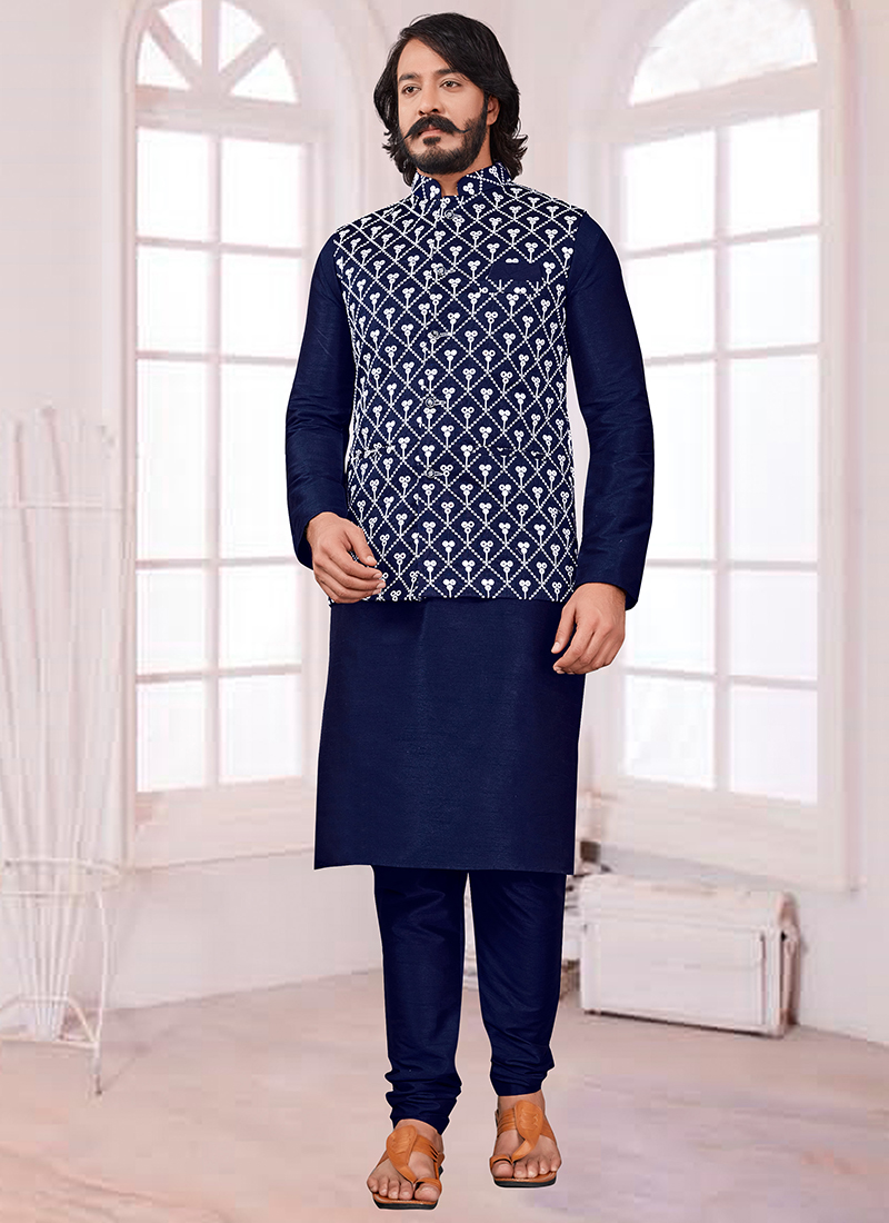 Buy Festival Wear Blue Mirror Work Art Silk Modi Jacket Kurta Pajama Online From Surat Wholesale Shop