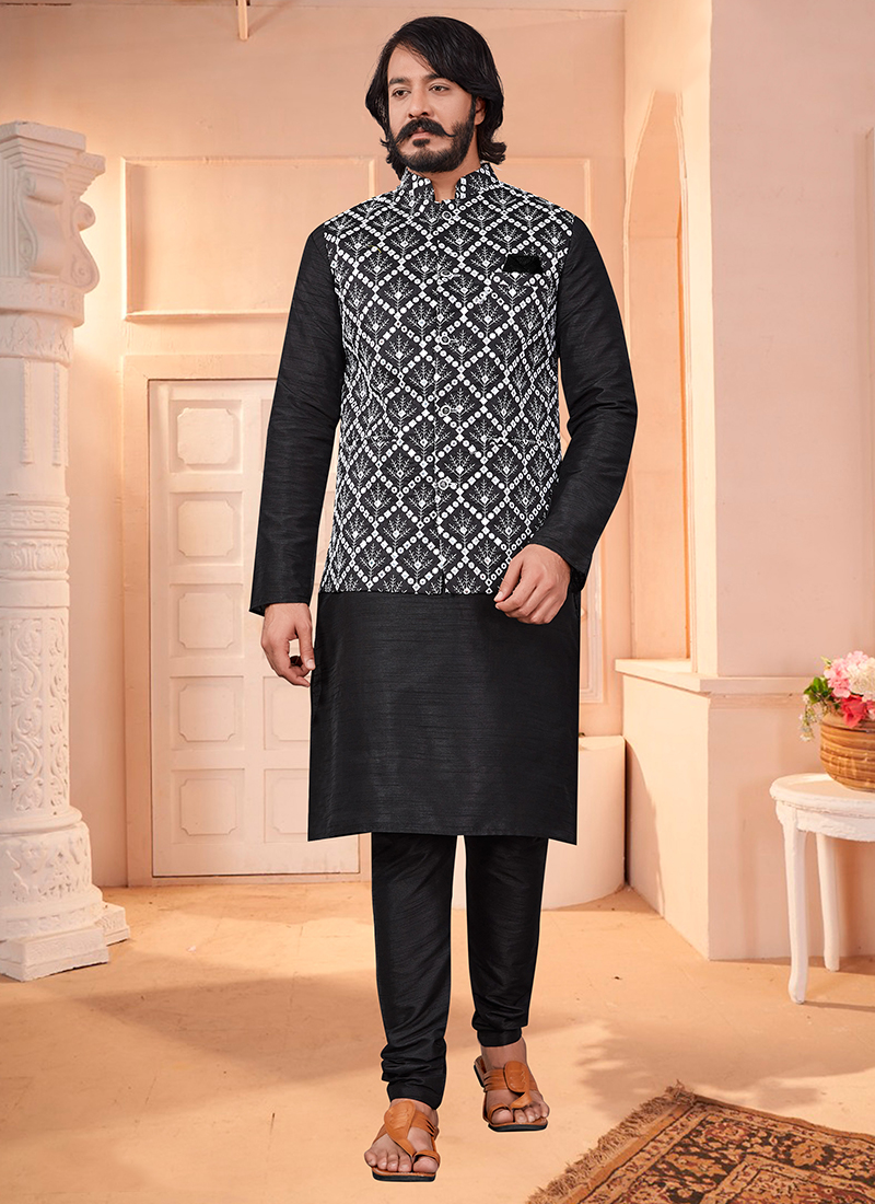 Buy Traditional Wear Black Mirror Work Pure Silk Modi Jacket Kurta Pajama Online From Surat Wholesale Shop