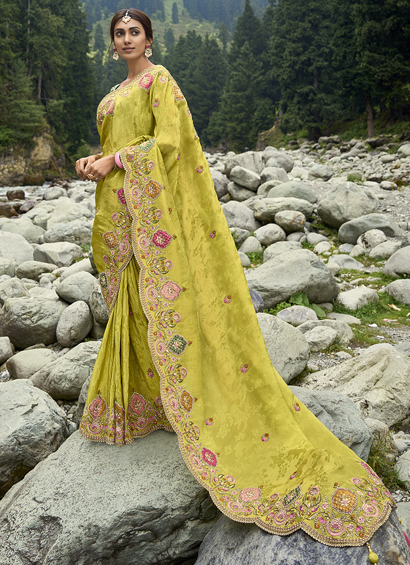 Light Olive Green Designer Embroidered Silk Party Wear Saree | Saira's  Boutique