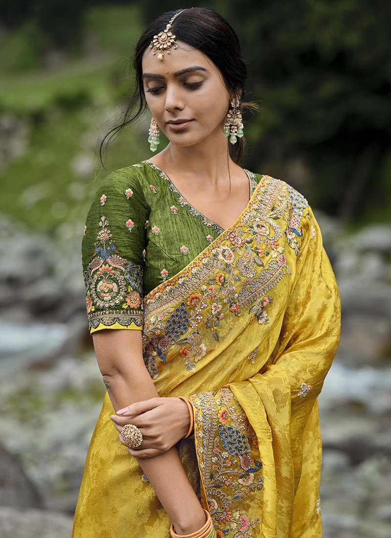 Fancy Yellow Embroidery Saree With Zari Border at Rs.650/Piece in bhatpara  offer by Verma Saree Centre