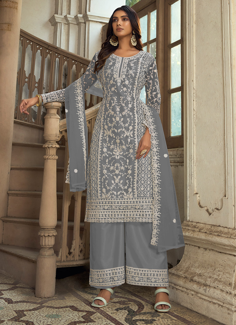 Buy Eid Wear Grey Embroidery Work Net Palazzo Suit Online From Surat  Wholesale Shop.