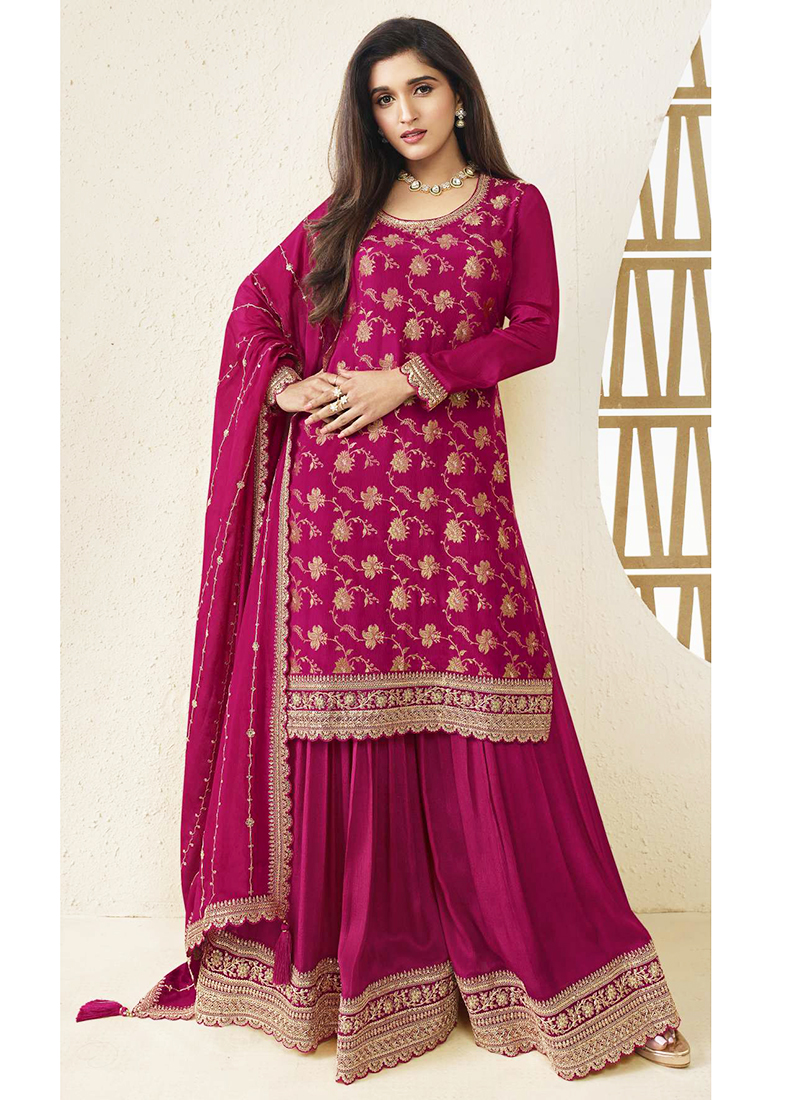 Mustard Satin Silk Sharara Suit With Kameez & Dupatta For Indian & Pakistani Wedding Festival - Dori Thread Sequence Work main image 1