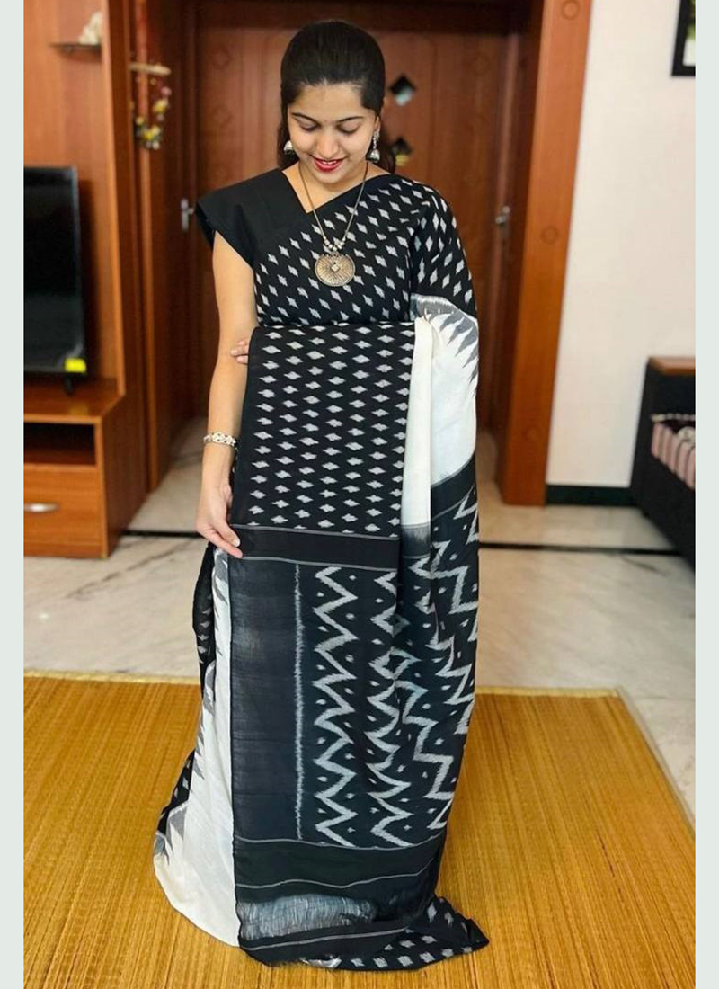 White And Black Color Digital Printed Linen Saree – shaanjcollection