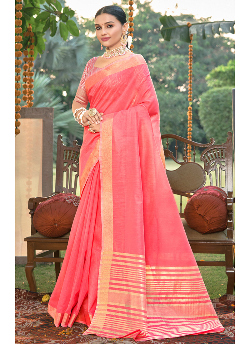 Buy Peach Toned Handloom Chanderi Silk And Cotton Saree With Zari Work