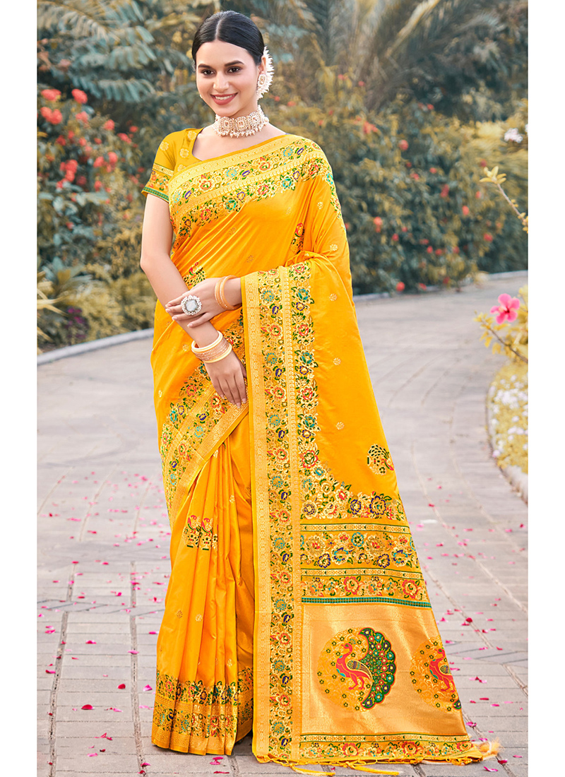 Buy Traditional Wear Yellow Paithani Work Silk Saree Online From Surat  Wholesale Shop.