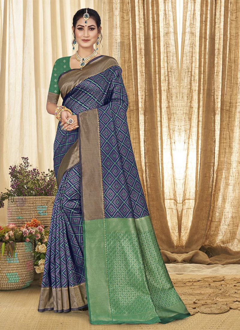 Navy blue silk top saree online