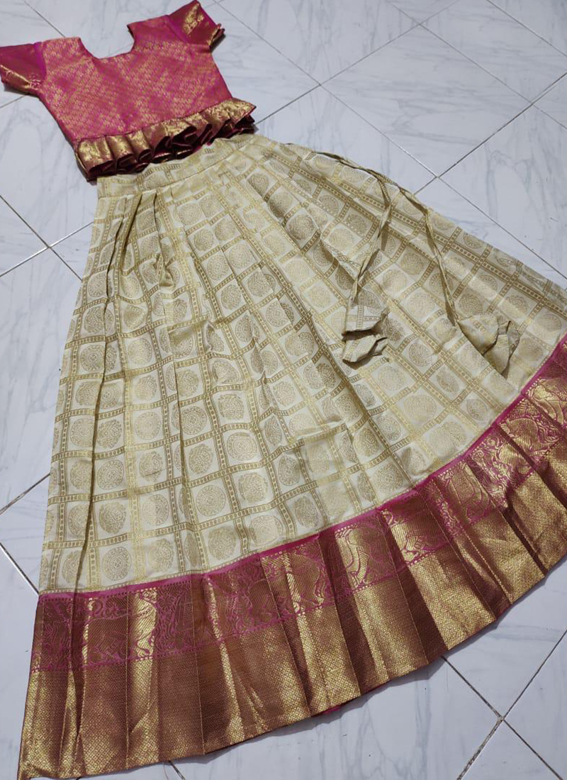 White Net Designer Readymade Kids Lehenga Saree DT52242