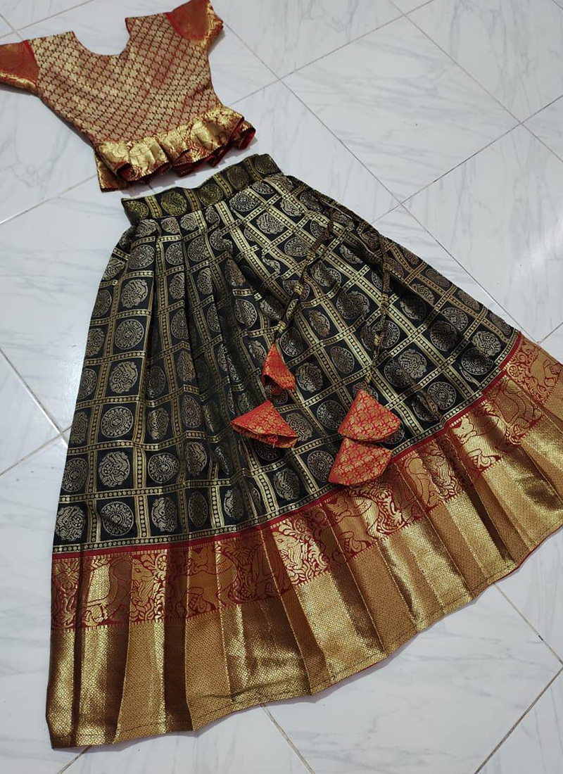 Buy Festival Wear Navy Blue Weaving Work Lichi Silk Kids Lehenga Choli ...