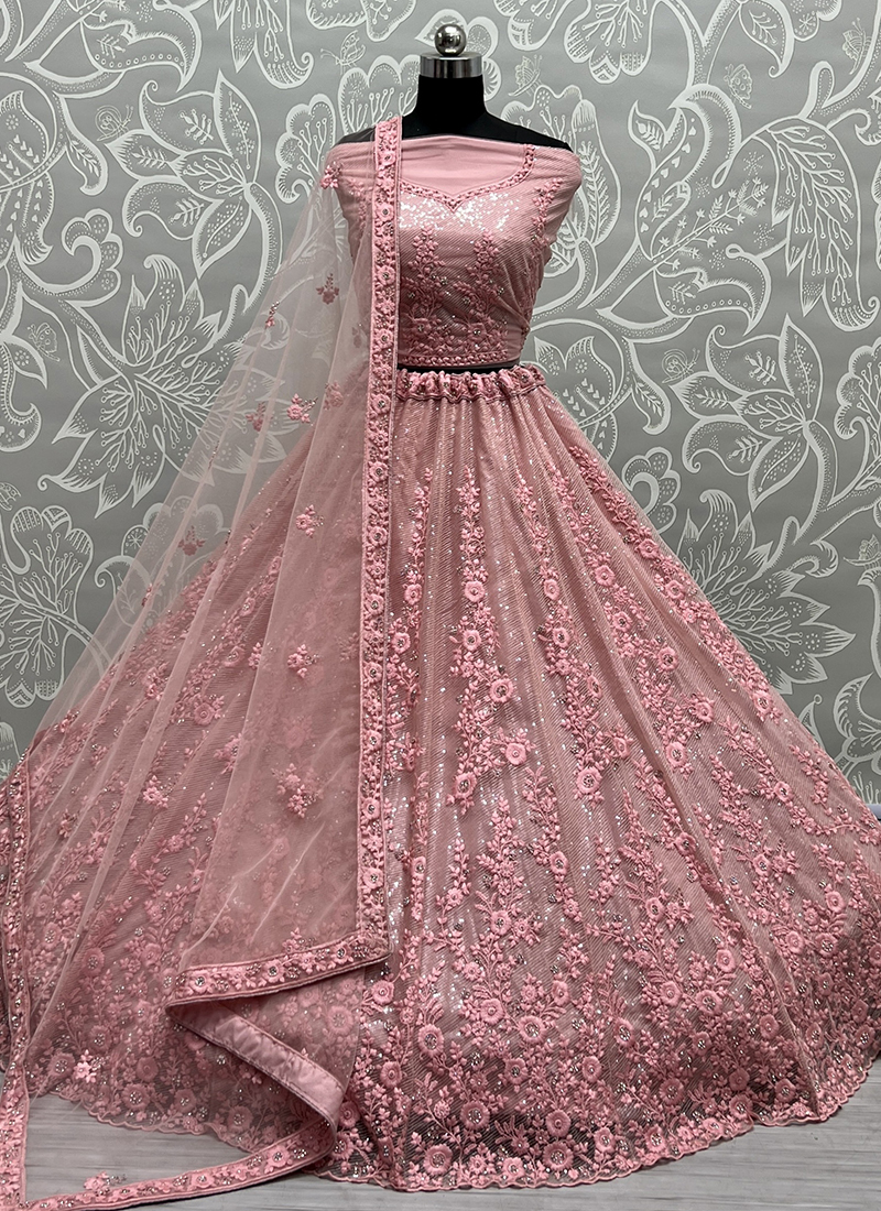 Buy Wedding Wear Pink Embroidery Work Net Lehenga Choli ...
