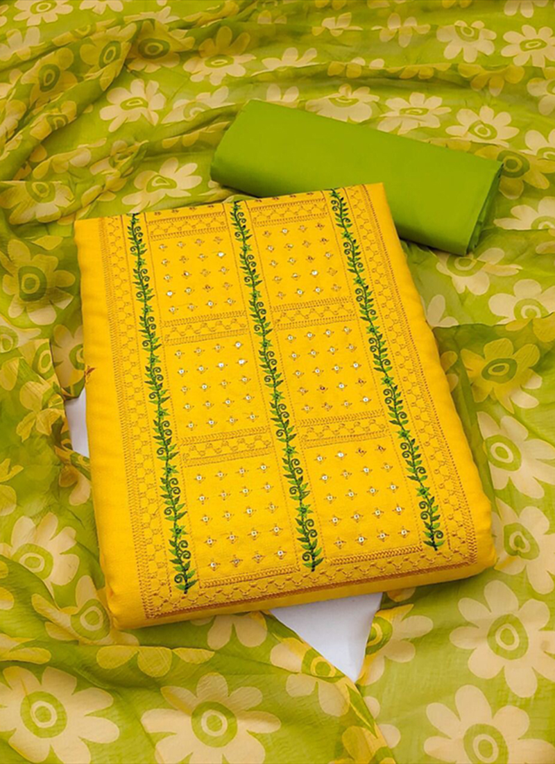 Casual Wear Latest Yellow Embroidery Work Cotton Dress Material SBS58 4