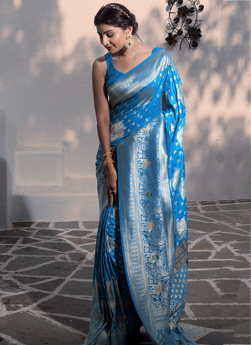 Blue Banarasi Silk Saree With Silver Zari - Luxury Shukra