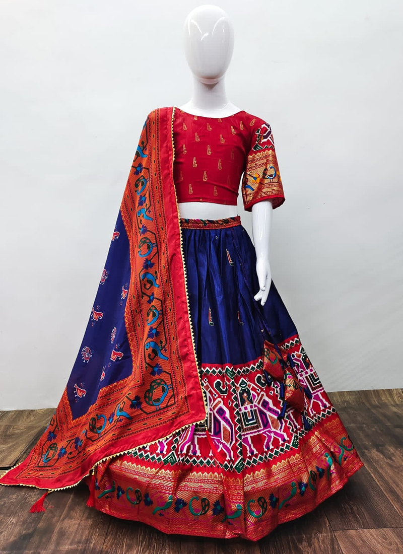 Buy Traditional Wear Navy Blue Patola Work Soft Silk Kids Lehenga Choli ...