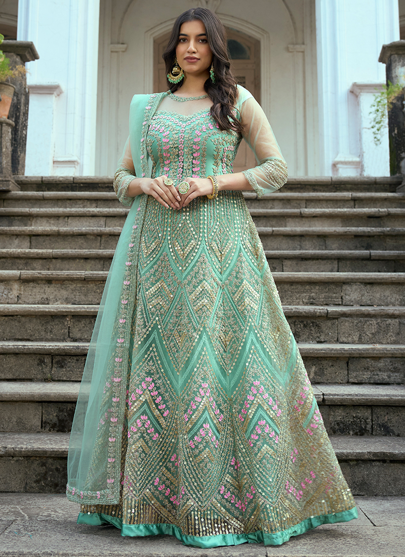 Pista Color Party Wear Designer ReadyMade Gown With Belt :: ANOKHI FASHION