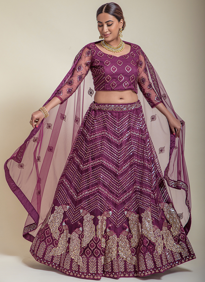 Mesmerizing Wine Sequins Embroidered semi velvet Lehenga choli for wedding  - MEGHALYA - 2803005