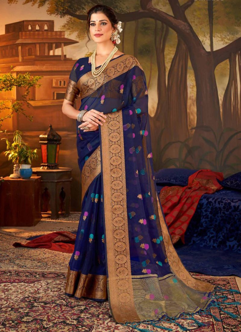 Buy PANZORA Women Dark Blue Checkered Organza Saree with Unstitched Blouse  Online at Best Prices in India - JioMart.