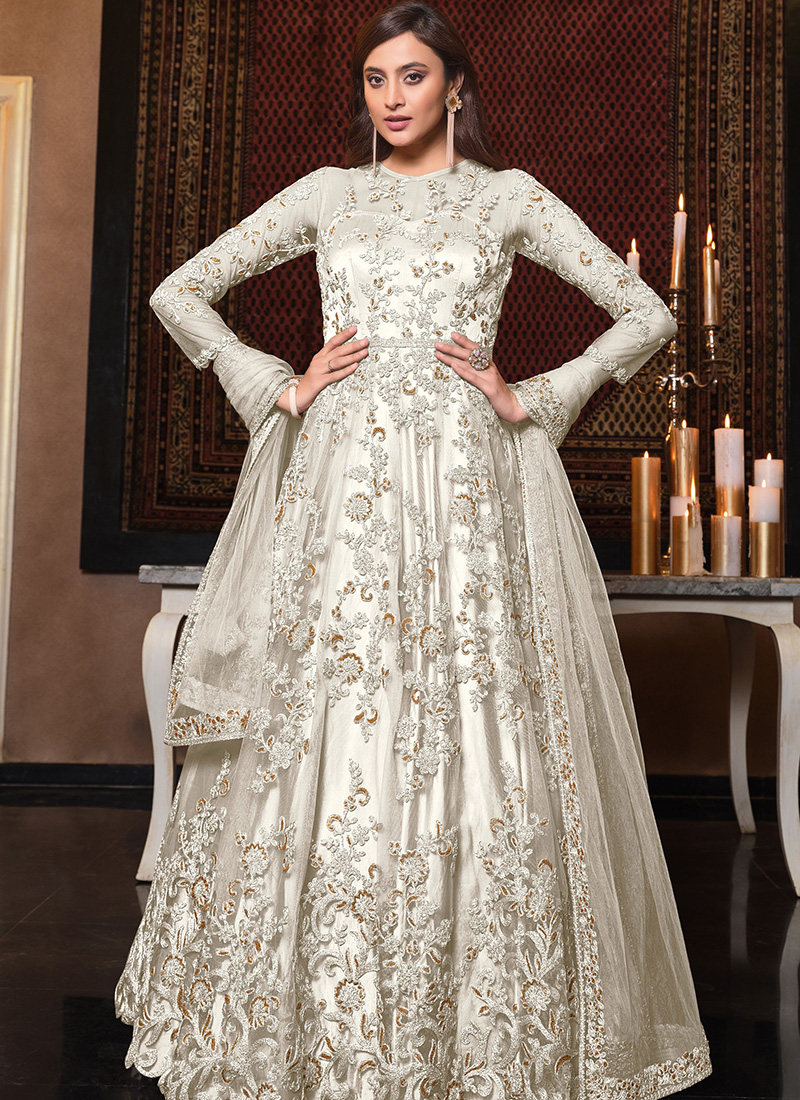 Buy Embroidered Georgette White Anarkali Salwar Suit Online : 241784 -