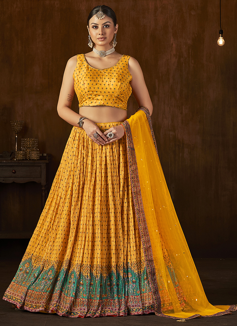 Buy Smashing Mustard Velvet Partywear Lehenga Choli | Buy online at Inddus  India.– Inddus.in