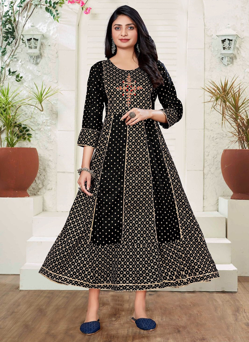 Buy Party Wear Black Embroidery Work Rayon Kurti With Dupatta Online From  Surat Wholesale Shop