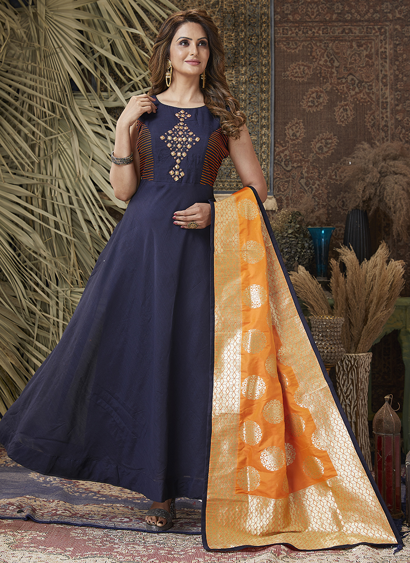 Chanderi silk gown with Embroidery – Vdesi Connect