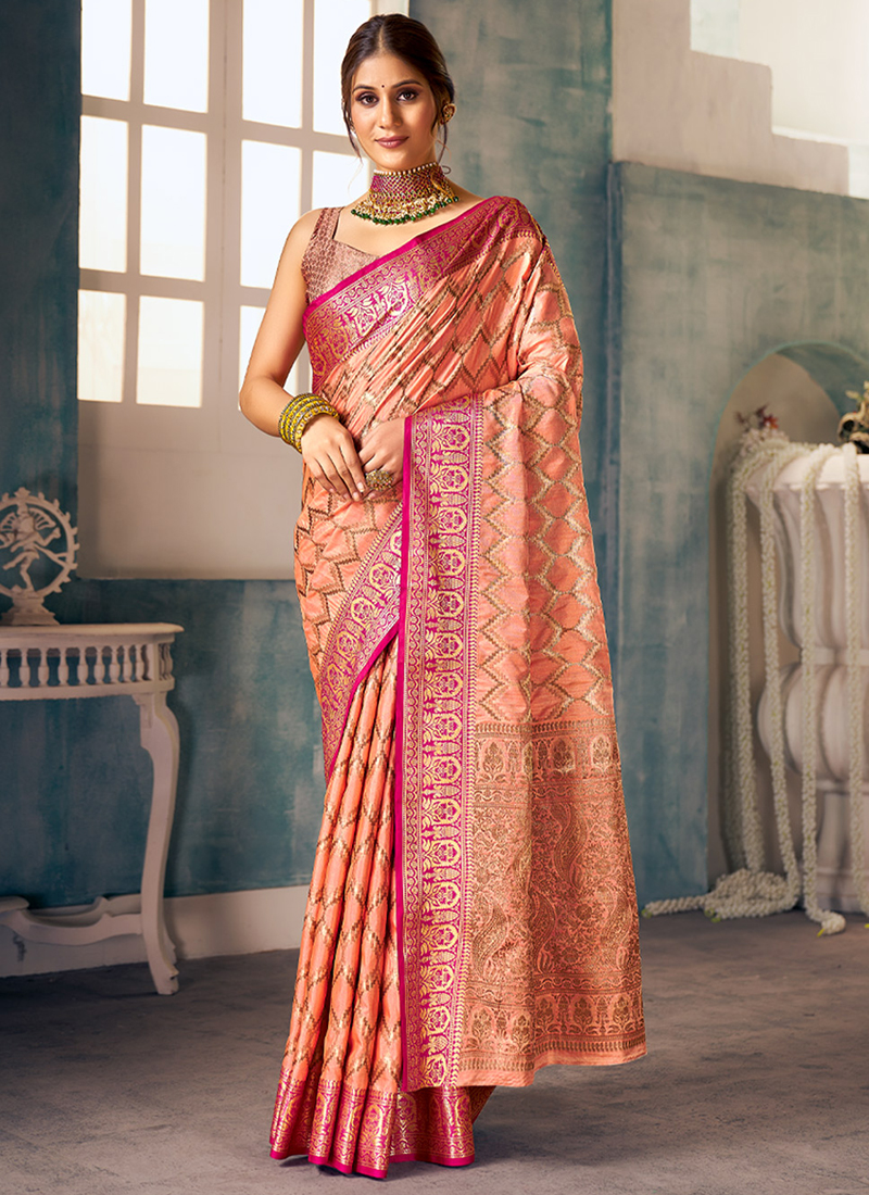 Stunning Peach Color Jacquard Border Silk Saree – Amrutamfab