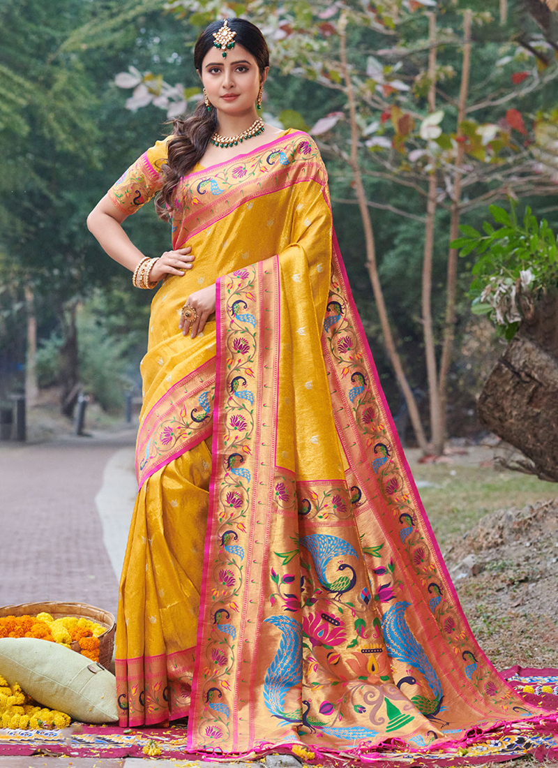 Buy Traditional Wear Yellow Paithani Work Silk Saree Online From Surat  Wholesale Shop.