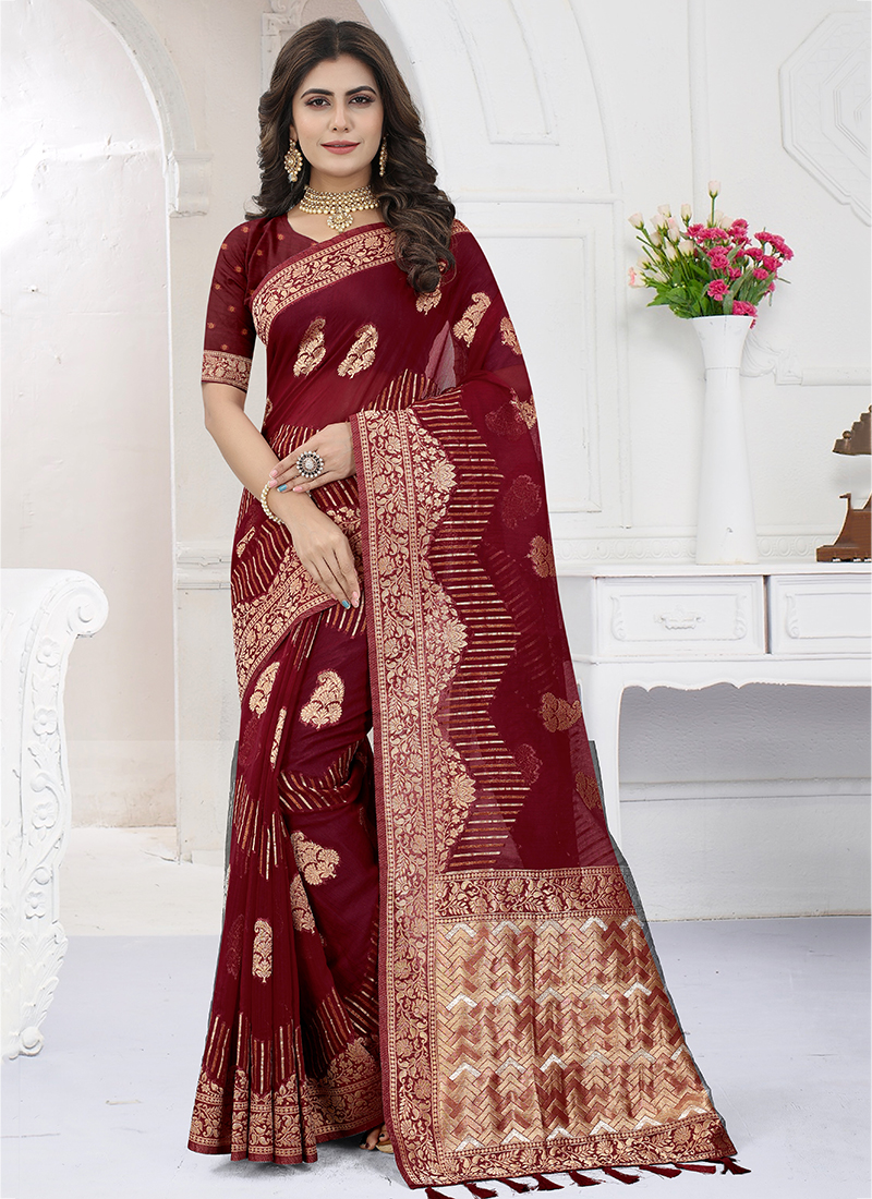 Maroon organza heavy embroidery with cut work border saree with blouse -  Lilots - 4277742